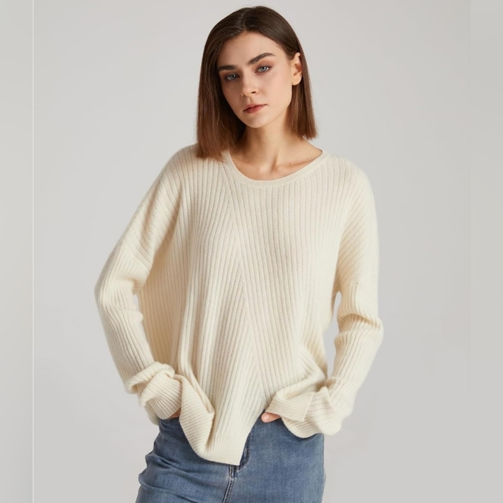 NWT Cashmere Crew Neck Oversized/Drop Shoulder Sweater with Split Hem